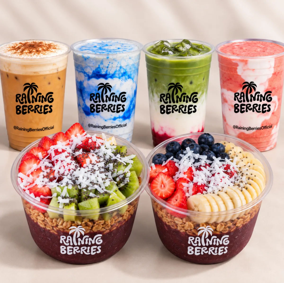 Raining Berries drinks and açaí bowls